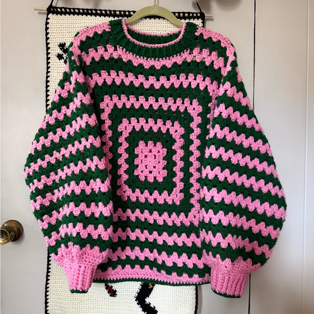 Pink and Green Striped Sweater wicked crochet granny pullover crewneck